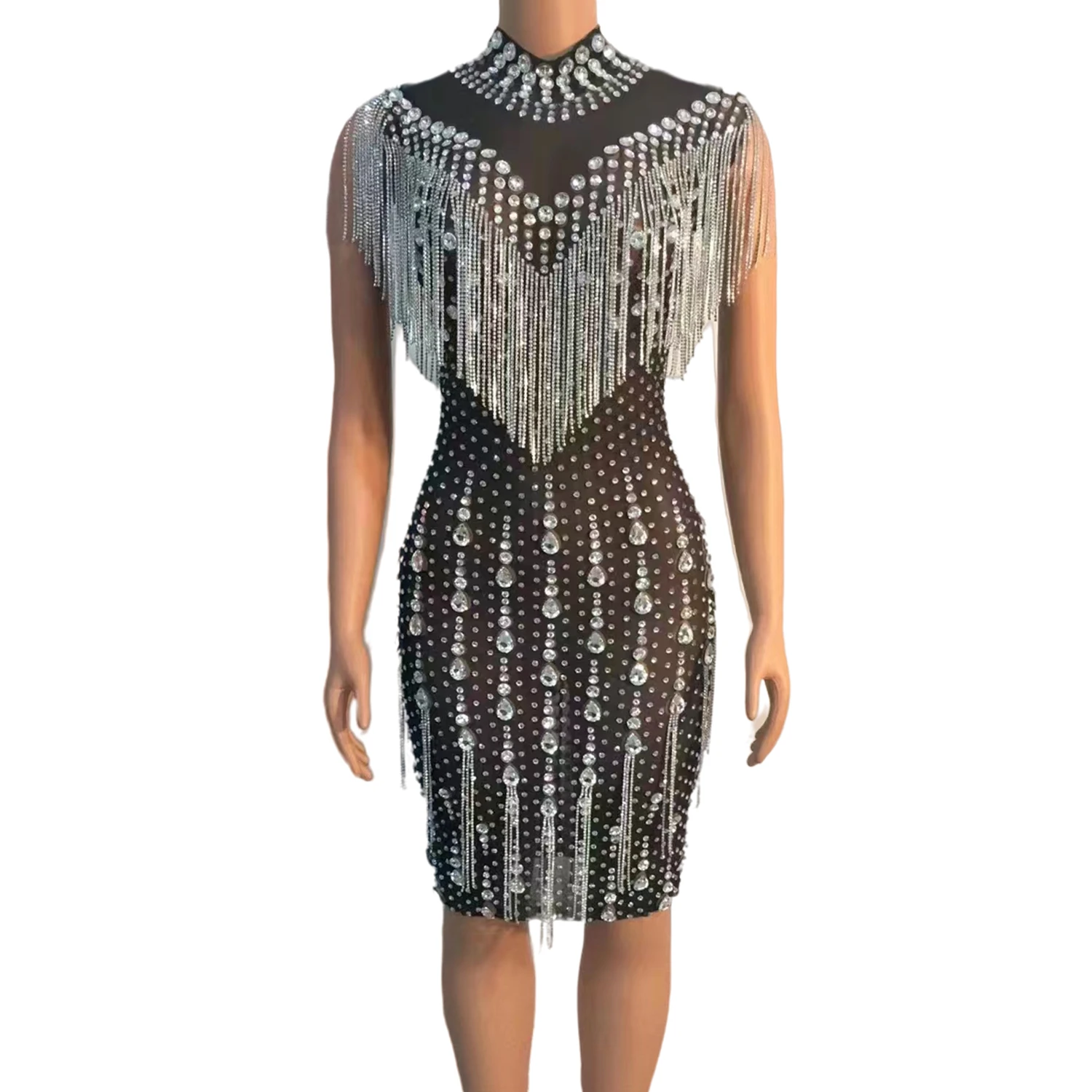 Women Birthday Celebrate Dress Silver Rhinestones Tassels Mesh Dress Transparent Net Outfit Women Dancer Nightclub Prom Clothing
Women Birthday Celebrate Dress Silver Rhinestones Tassels Mesh Dress Transparent Net Outfit Women Dancer Nightclub Prom Clothing