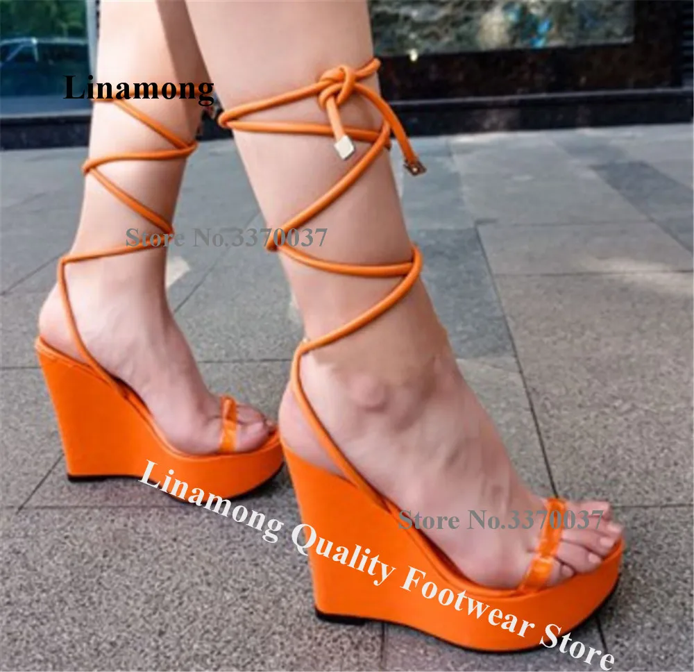 Linamong Newest Orange Black Red Matte Leather Wedge Sandals Open Toe PVC Straps Lace-up High Platform Wedges Big Size Heels
Linamong Newest Orange Black Red Matte Leather Wedge Sandals Open Toe PVC Straps Lace-up High Platform Wedges Big Size Heels