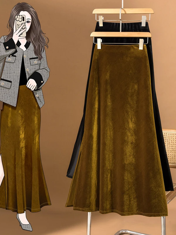 plus Size Women's Gold Velvet Half Skirt Fashionable Spring Autumn High Waist Fish Tail Skirt Luxury Split Design Casual Style
plus Size Women's Gold Velvet Half Skirt Fashionable Spring Autumn High Waist Fish Tail Skirt Luxury Split Design Casual Style