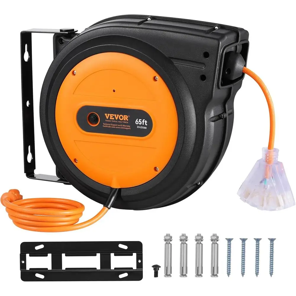 Retractale Extension Cord , 65 T, eavy Duty 12AWG/3C SJTOW Power Cord, witLigted Triple Tap Outlet, 15 Amp Circuit reaker, 180°
Retractale Extension Cord , 65 T, eavy Duty 12AWG/3C SJTOW Power Cord, witLigted Triple Tap Outlet, 15 Amp Circuit reaker, 180°