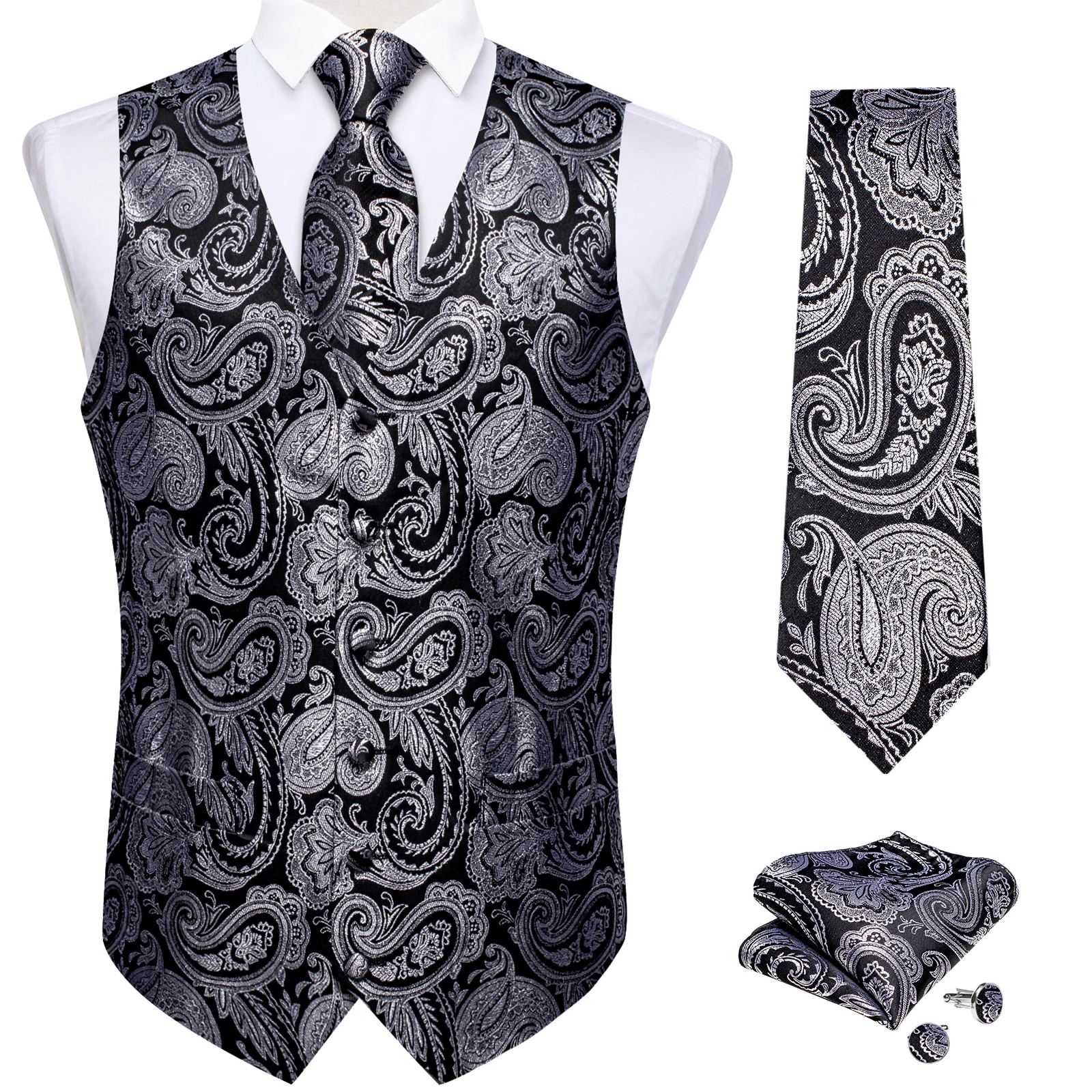 4Pcs Men V-Neck Waistcoat Set Vest Tie Pocket Square Cufflinks Business Wedding Formal Suit
4Pcs Men V-Neck Waistcoat Set Vest Tie Pocket Square Cufflinks Business Wedding Formal Suit