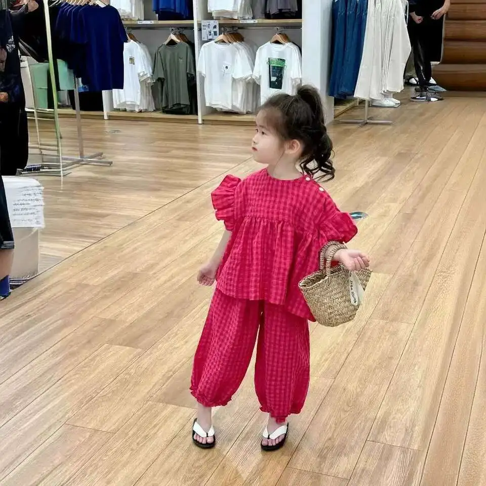 Summer Spring Baby Girls Cotton Loose Red Plaid Ruffle Sleeves Shirt Tops+Crop Pant Sets Child Outfit Kids 2PCS Tracksuit 2-10Yr
Summer Spring Baby Girls Cotton Loose Red Plaid Ruffle Sleeves Shirt Tops+Crop Pant Sets Child Outfit Kids 2PCS Tracksuit 2-10Yr