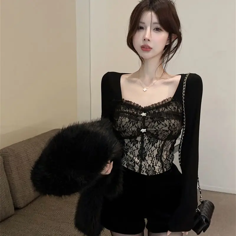 Сексуальная кружевная лоскутная футболка с длинным рукавом, женская весенняя футболка с квадратным воротником, облегающие короткие топы, темпераментные футболки для ночной вечеринки Y2k
Сексуальная кружевная лоскутная футболка с длинным рукавом, женская весенняя футболка с квадратным воротником, облегающие короткие топы, темпераментные футболки для ночной вечеринки Y2k