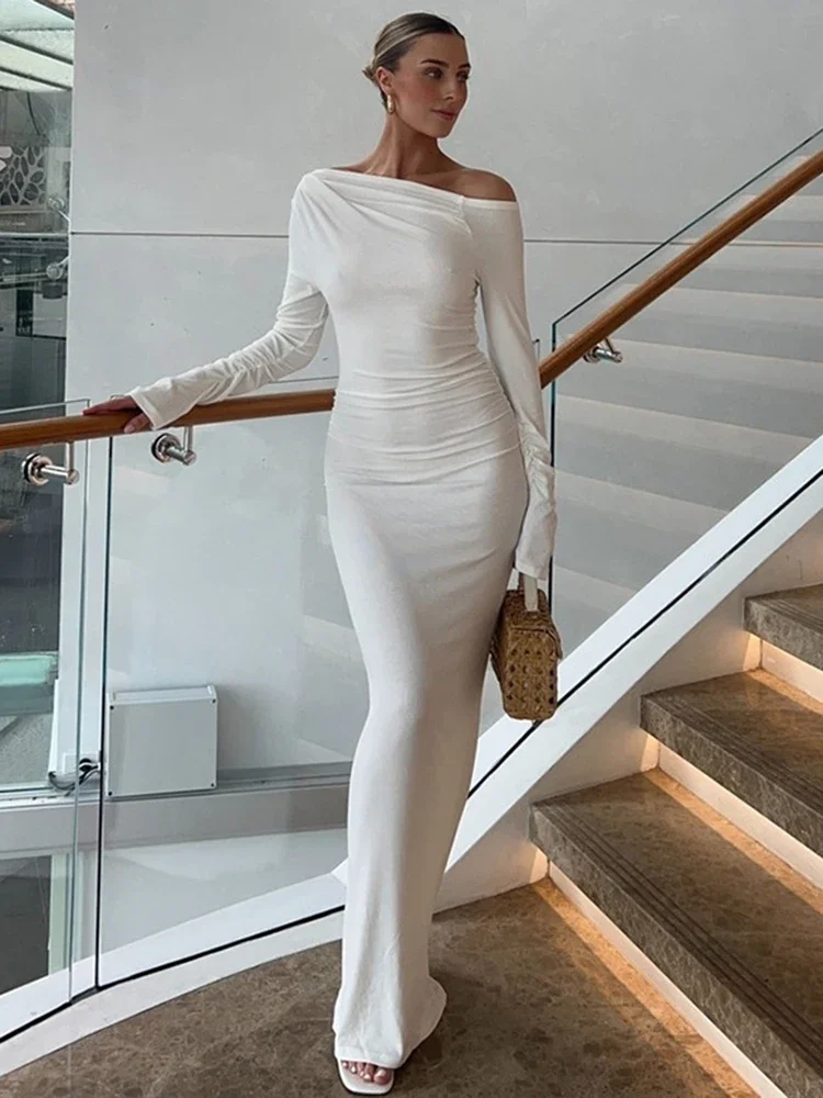 White Skew Collar Long Sleeve Maxi Dress For Women 2024 Autumn Winter New Bodycon Elegant Party Dress Female High Waist
White Skew Collar Long Sleeve Maxi Dress For Women 2024 Autumn Winter New Bodycon Elegant Party Dress Female High Waist