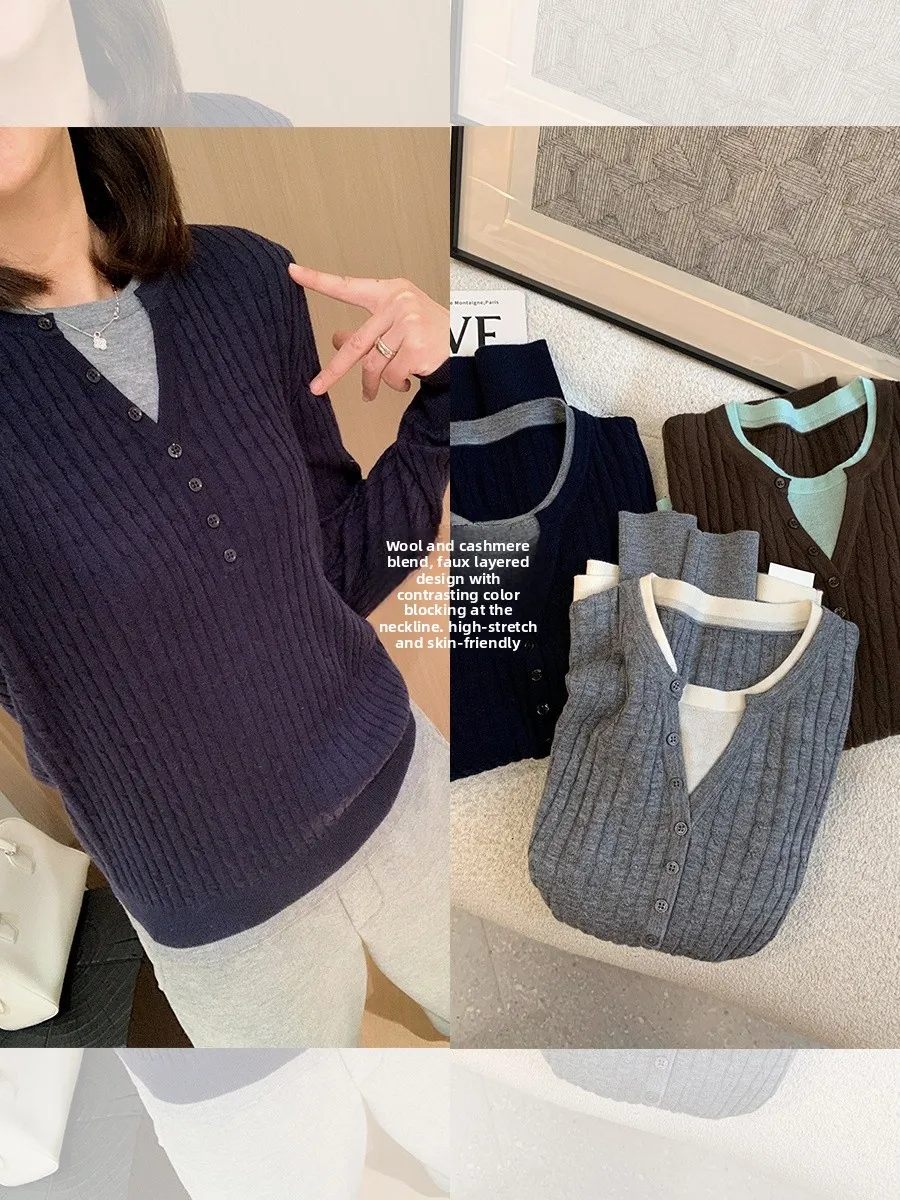 Henry Collar Wool Blend Knitted Sweater Multi-Button Casual Loose Fit Ladies Thermal Long Sleeve Fashion Piece Coloring Splicing
Henry Collar Wool Blend Knitted Sweater Multi-Button Casual Loose Fit Ladies Thermal Long Sleeve Fashion Piece Coloring Splicing