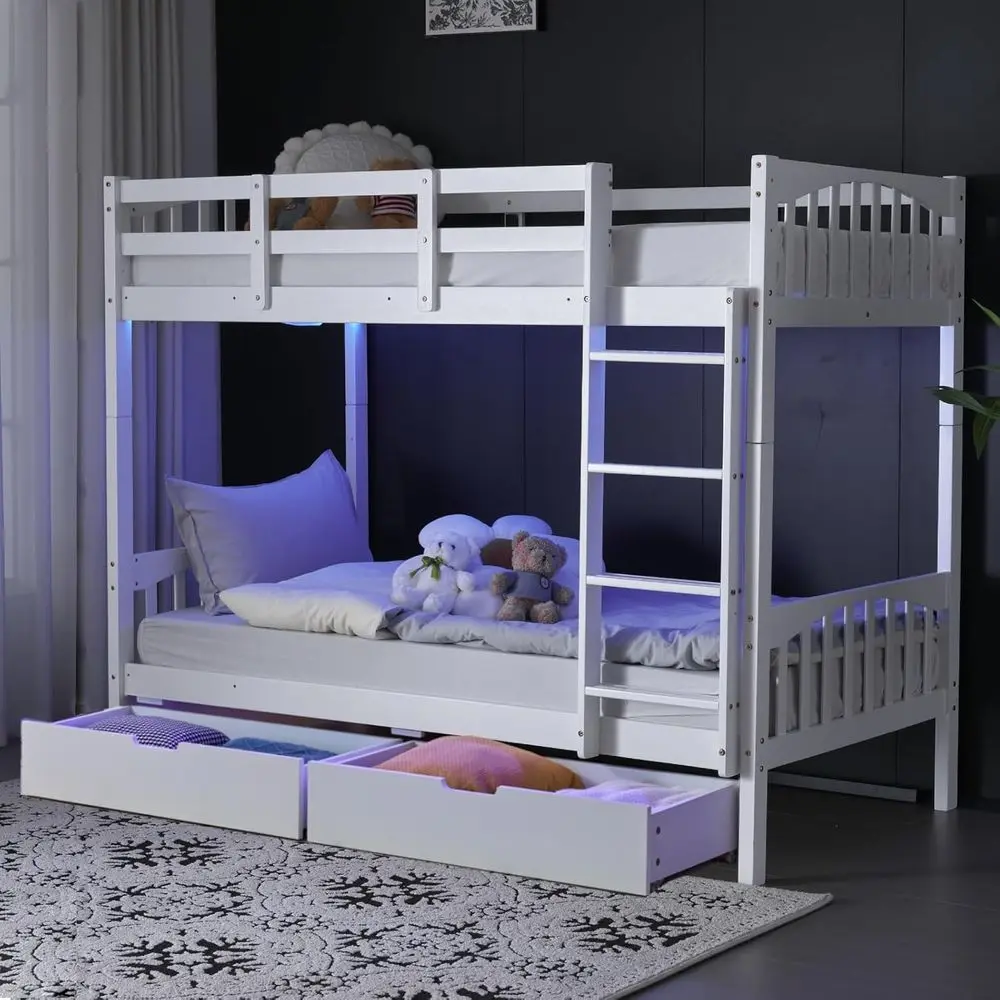 Twin Over Twin Wooden Bunk Bed with Storage Drawers, RGB LED, Charging Station, 15 Safety Rail, Ladder, White
Twin Over Twin Wooden Bunk Bed with Storage Drawers, RGB LED, Charging Station, 15 Safety Rail, Ladder, White