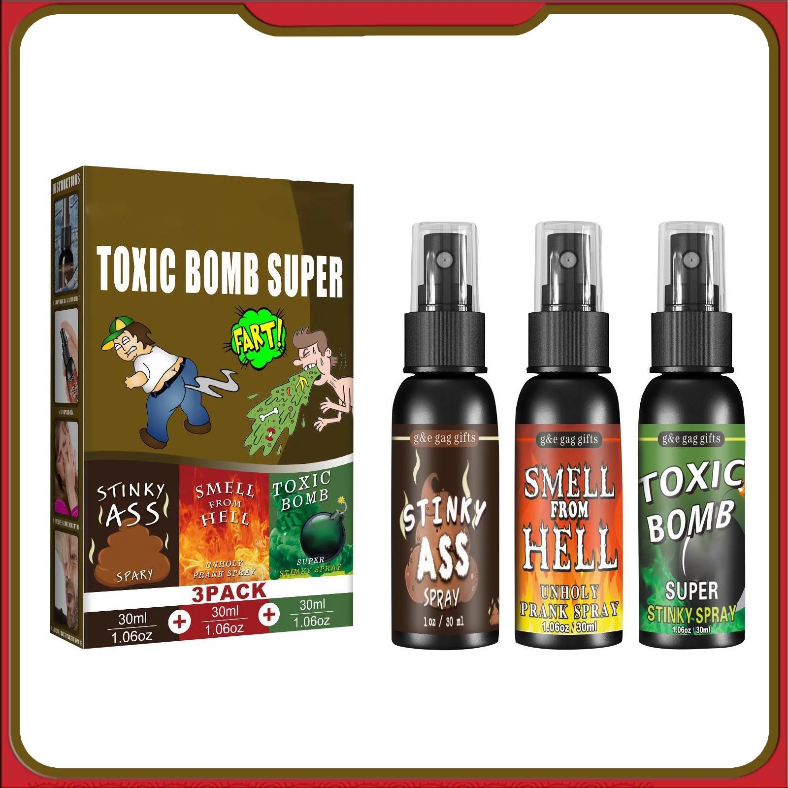 30ml Poop Spray Creative Liquid Fart Gag Prank Joke Spray Funny Toy Non-Toxic Stink Bombs Extra Strong Smelly Stinky Gas Spray
30ml Poop Spray Creative Liquid Fart Gag Prank Joke Spray Funny Toy Non-Toxic Stink Bombs Extra Strong Smelly Stinky Gas Spray