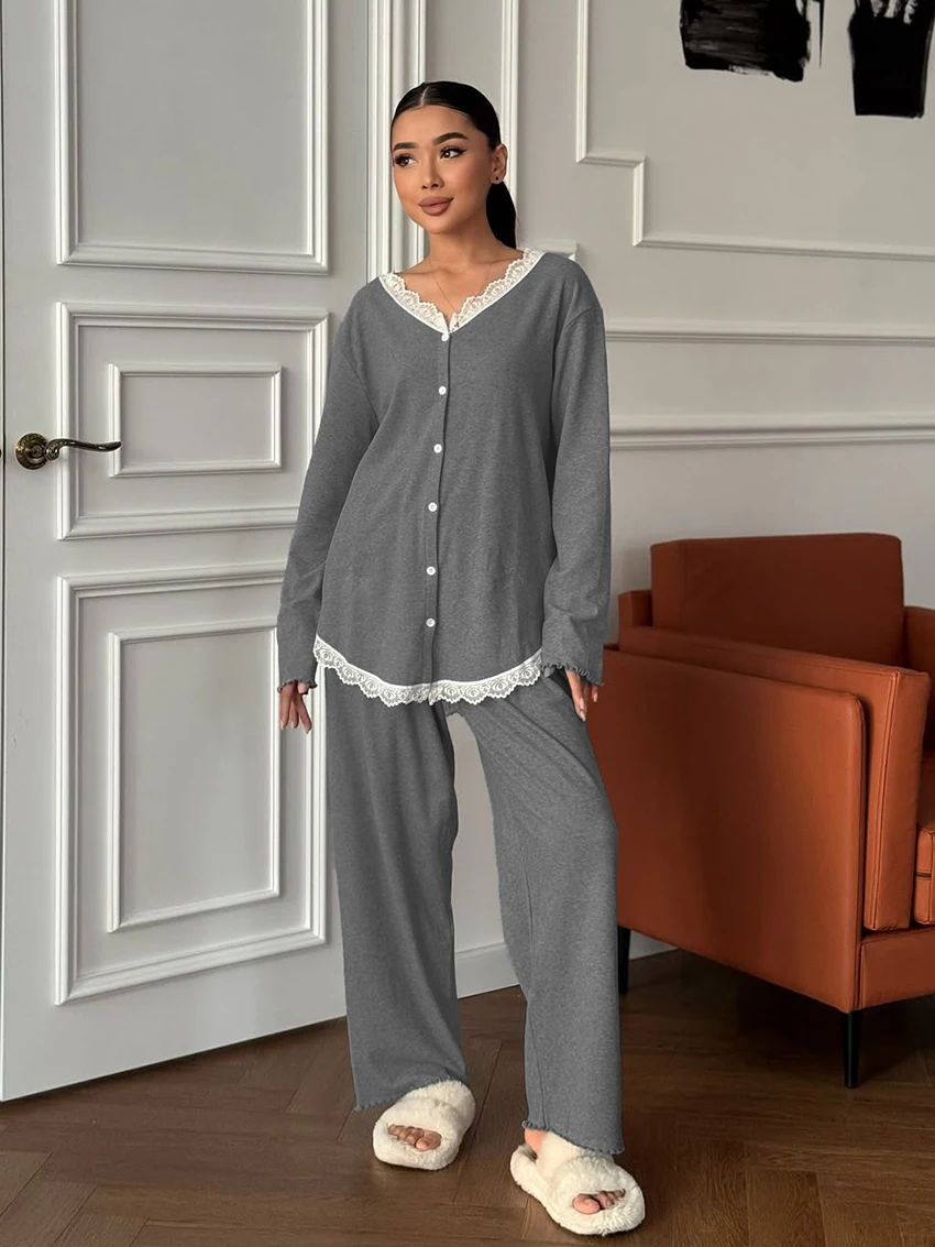 Marthaqiqi Casual Spring Women Sleepwear Set Long Sleeve Nightgowns Sexy Lace V-Neck Nightwear Pants Ladies Pajamas 2 Piece Suit
Marthaqiqi Casual Spring Women Sleepwear Set Long Sleeve Nightgowns Sexy Lace V-Neck Nightwear Pants Ladies Pajamas 2 Piece Suit