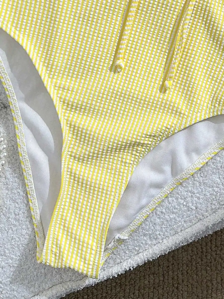 Womens One-Piece Swimsuit Yellow White Striped Waffle Fabric Frill Trim Pool Party Style
Womens One-Piece Swimsuit Yellow White Striped Waffle Fabric Frill Trim Pool Party Style