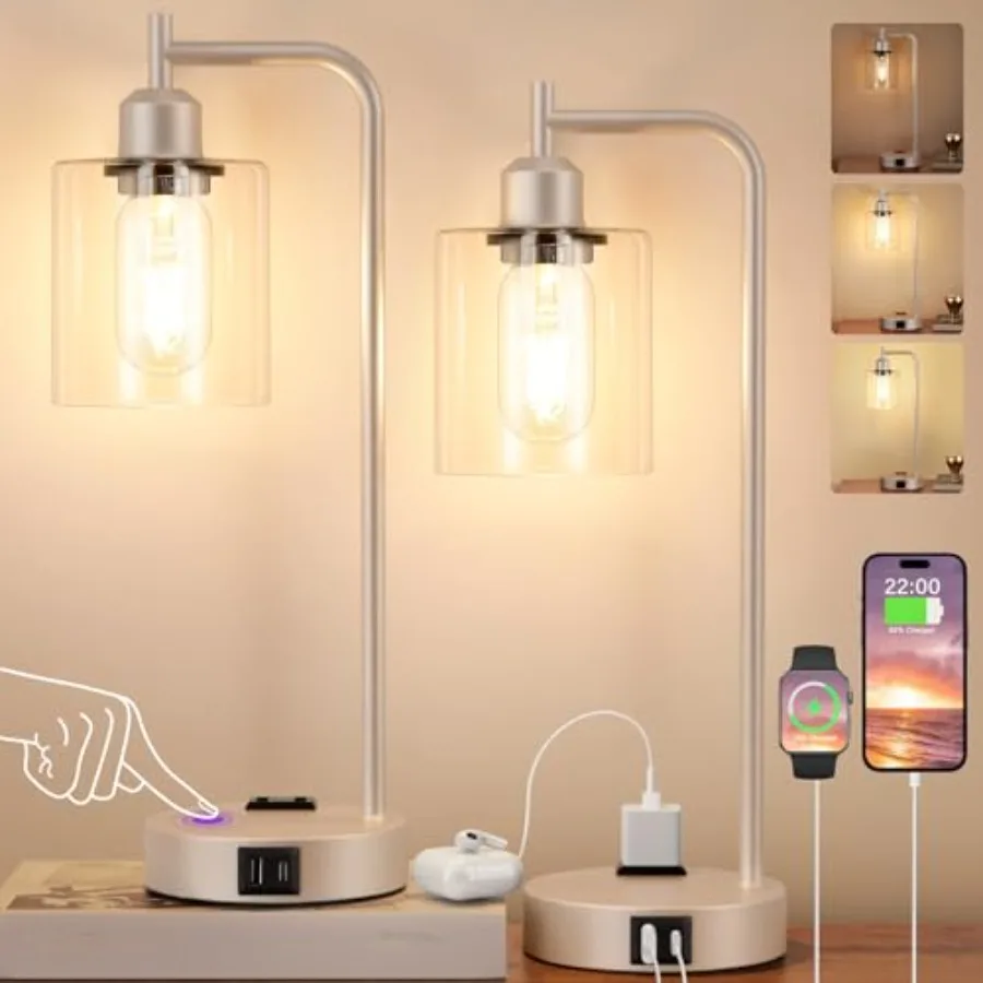 Industrial Touch Table Lamps Set of 2 3-Way Dimmable Champagne Gold Bedside Lamps with USB-C + USB-A Ports Built-in Outlet Clea
Industrial Touch Table Lamps Set of 2 3-Way Dimmable Champagne Gold Bedside Lamps with USB-C + USB-A Ports Built-in Outlet Clea