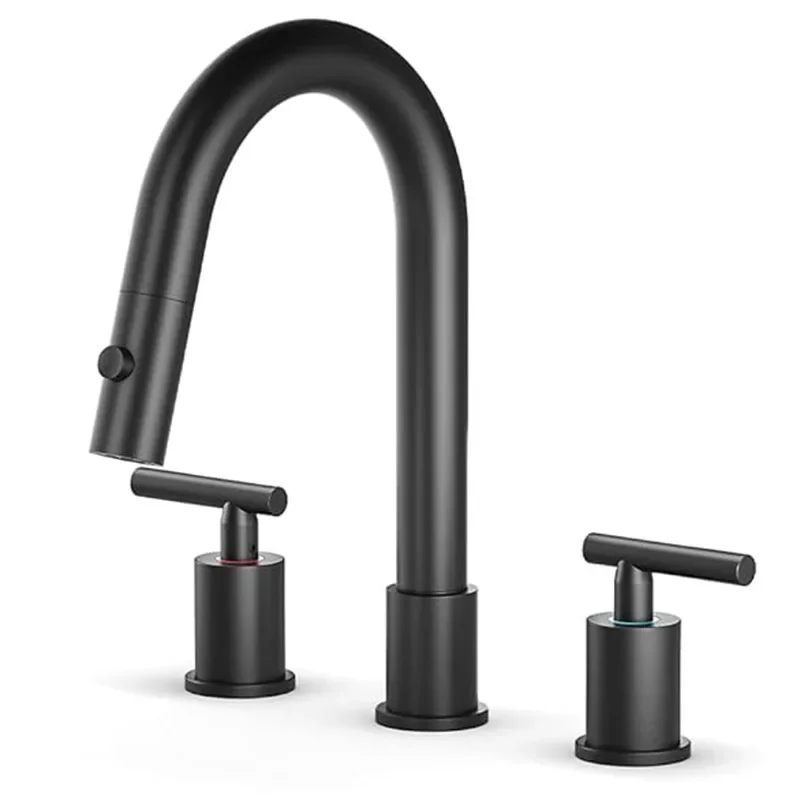 Matte black pull-down bathroom faucet 8 inch wide bathroom faucet 3 holes, with two modes of pull-down spray
Matte black pull-down bathroom faucet 8 inch wide bathroom faucet 3 holes, with two modes of pull-down spray