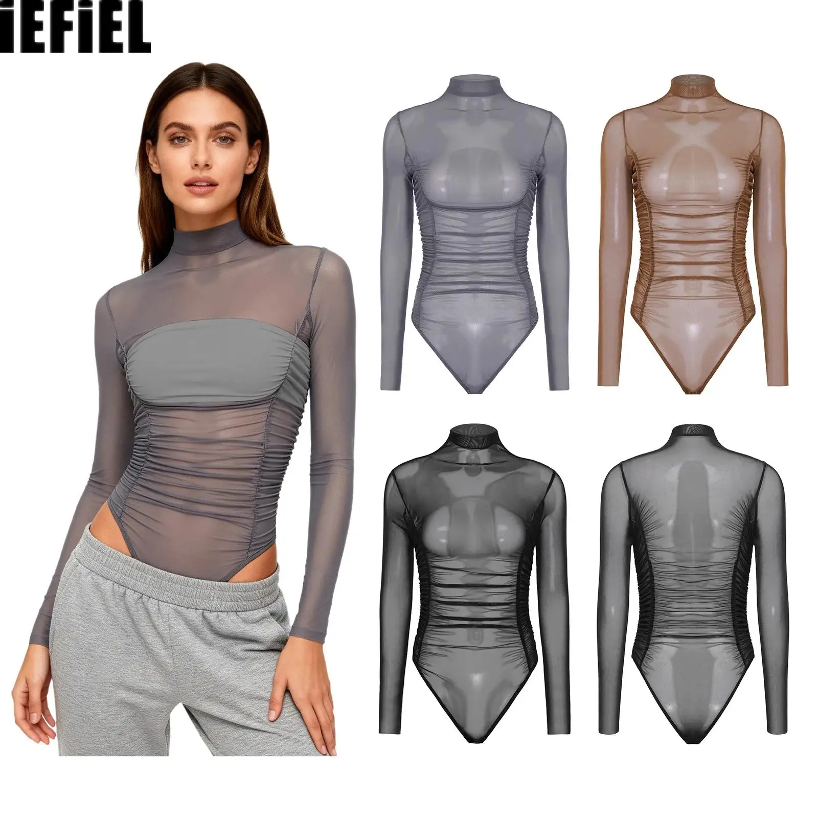 Womens See-Through Mesh Bodysuit Elastic Ruched High Collar Long Sleeve Buttoned Crotch Leotard Jumpsuit for Beach Nightclub
Womens See-Through Mesh Bodysuit Elastic Ruched High Collar Long Sleeve Buttoned Crotch Leotard Jumpsuit for Beach Nightclub