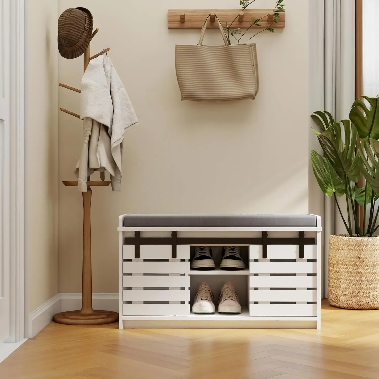 BestsellerShoe Storage Bench with Sliding Barn Doors, White Shoes Bench Cabinet with Grey Cushion, Adjustable Shelves (2 Sliding
BestsellerShoe Storage Bench with Sliding Barn Doors, White Shoes Bench Cabinet with Grey Cushion, Adjustable Shelves (2 Sliding