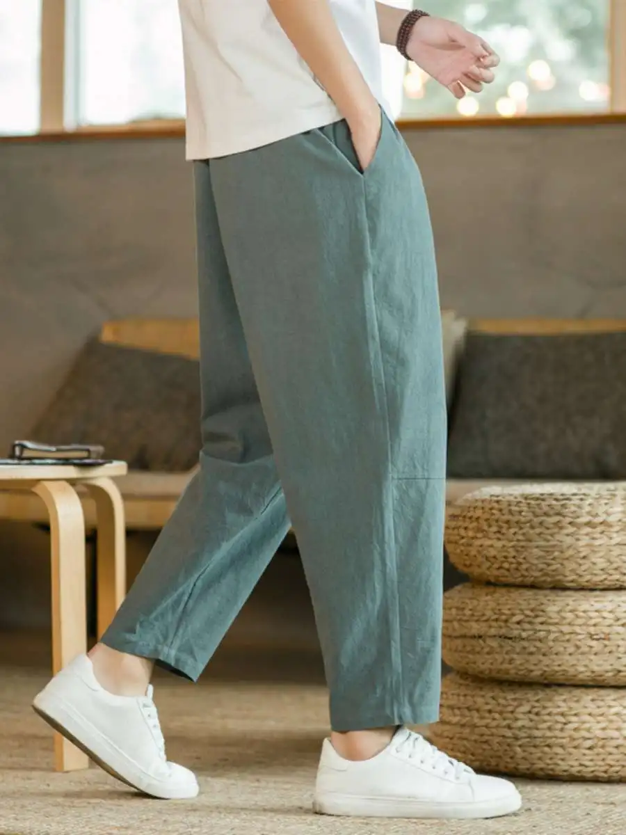 Мужские хлопковые льняные повседневные брюки на весну-лето, тонкие, свободные, с высокой талией, укороченные, комфортные, для студентов
Мужские хлопковые льняные повседневные брюки на весну-лето, тонкие, свободные, с высокой талией, укороченные, комфортные, для студентов