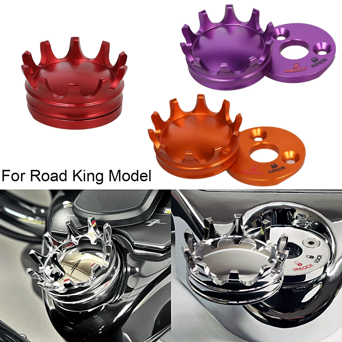 Motorcycle Red Orange Purple Fork Lock Crown shaped Cover For Harley 94-23 Road King FLHR
Motorcycle Red Orange Purple Fork Lock Crown shaped Cover For Harley 94-23 Road King FLHR