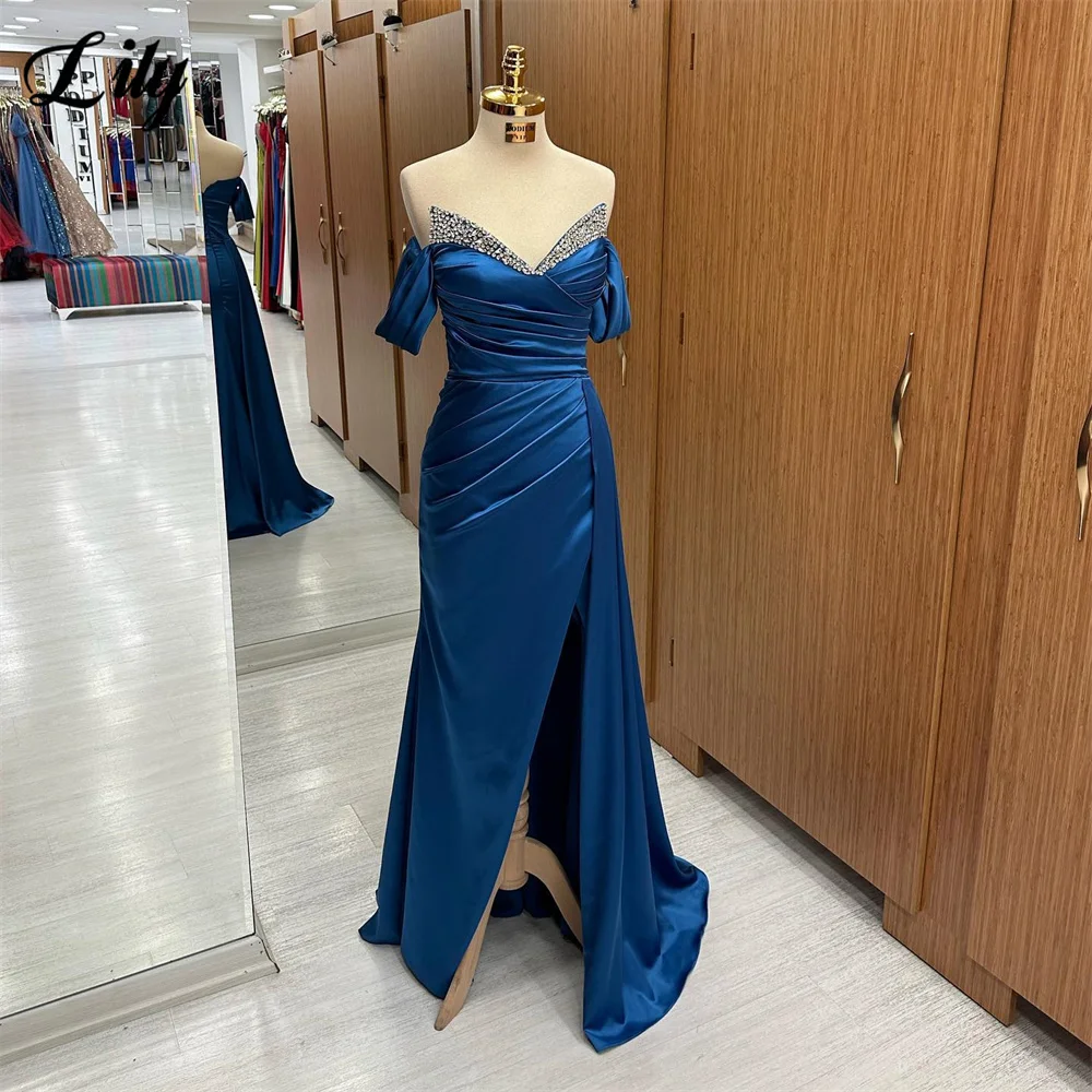 Lily Blue Prom Dress Off The Shoulder Evening Dress With Pleat Sparkling Crystals Satin Party Dress Sexy Side High Split 프롬드레스
Lily Blue Prom Dress Off The Shoulder Evening Dress With Pleat Sparkling Crystals Satin Party Dress Sexy Side High Split 프롬드레스