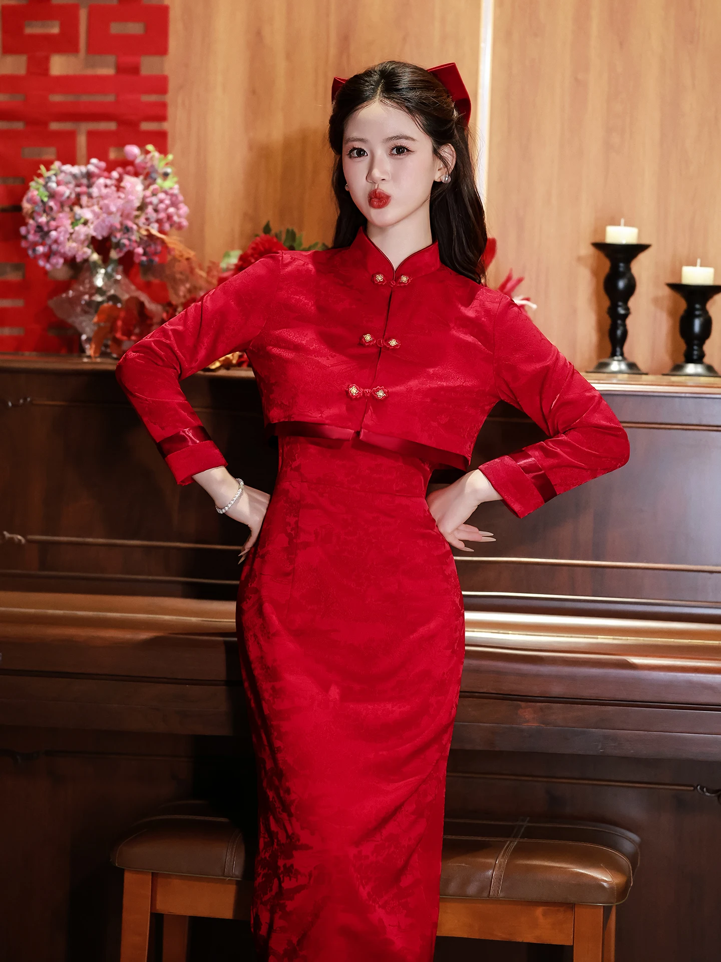 Red Wedding Dr Set for Women Vintage Sle Long Sve mid Waist Wedding Ceremony Reception Parwear Polyester Fiber
Red Wedding Dr Set for Women Vintage Sle Long Sve mid Waist Wedding Ceremony Reception Parwear Polyester Fiber