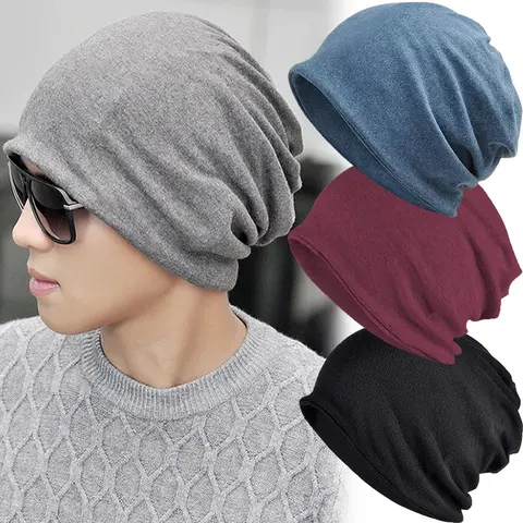 Cotton Slouchy Beanies for Men Vintage Hip-Hop Slouchy Hat Autumn Winter Warm Unisex Skullies Solid Color Male Skull Caps