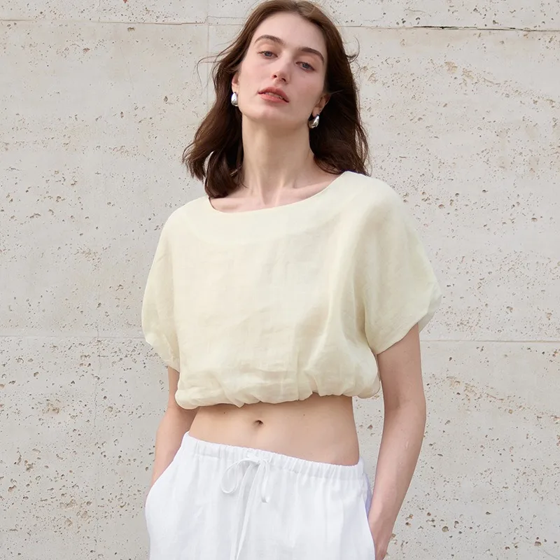 French 100% Ramie Crop Tops Women Summer Short Sleeve O-neck High Street Casual Fashion Chic Elegant Office Lady Basic T-shirts
French 100% Ramie Crop Tops Women Summer Short Sleeve O-neck High Street Casual Fashion Chic Elegant Office Lady Basic T-shirts