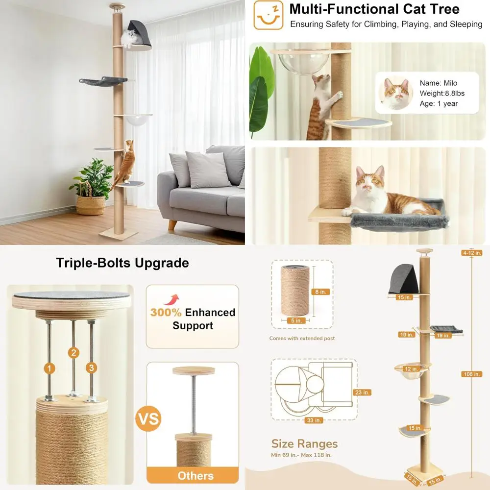 Adjustable Height 6-Level Cat Climbing Tower with Thickened Scratching Posts, 5.7 to 9.8 Feet
Adjustable Height 6-Level Cat Climbing Tower with Thickened Scratching Posts, 5.7 to 9.8 Feet