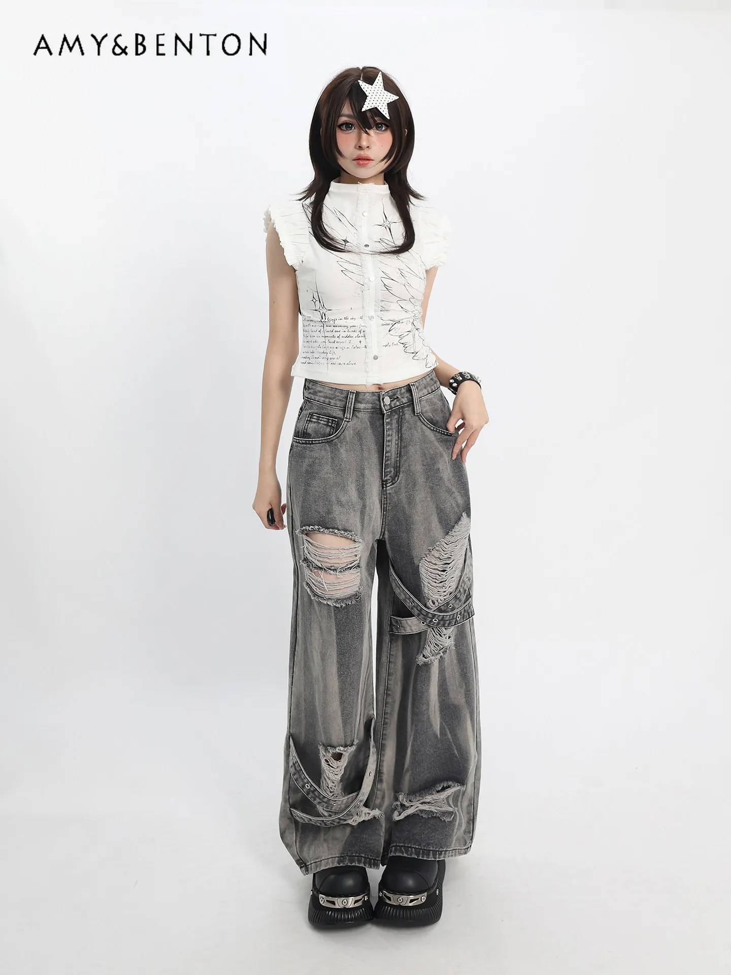 Gothic Retro Spice Girl Ripped Denim Wide Leg Pants Summer New American Subculture Y2K High Waist Skinny Old Straight Pants
Gothic Retro Spice Girl Ripped Denim Wide Leg Pants Summer New American Subculture Y2K High Waist Skinny Old Straight Pants