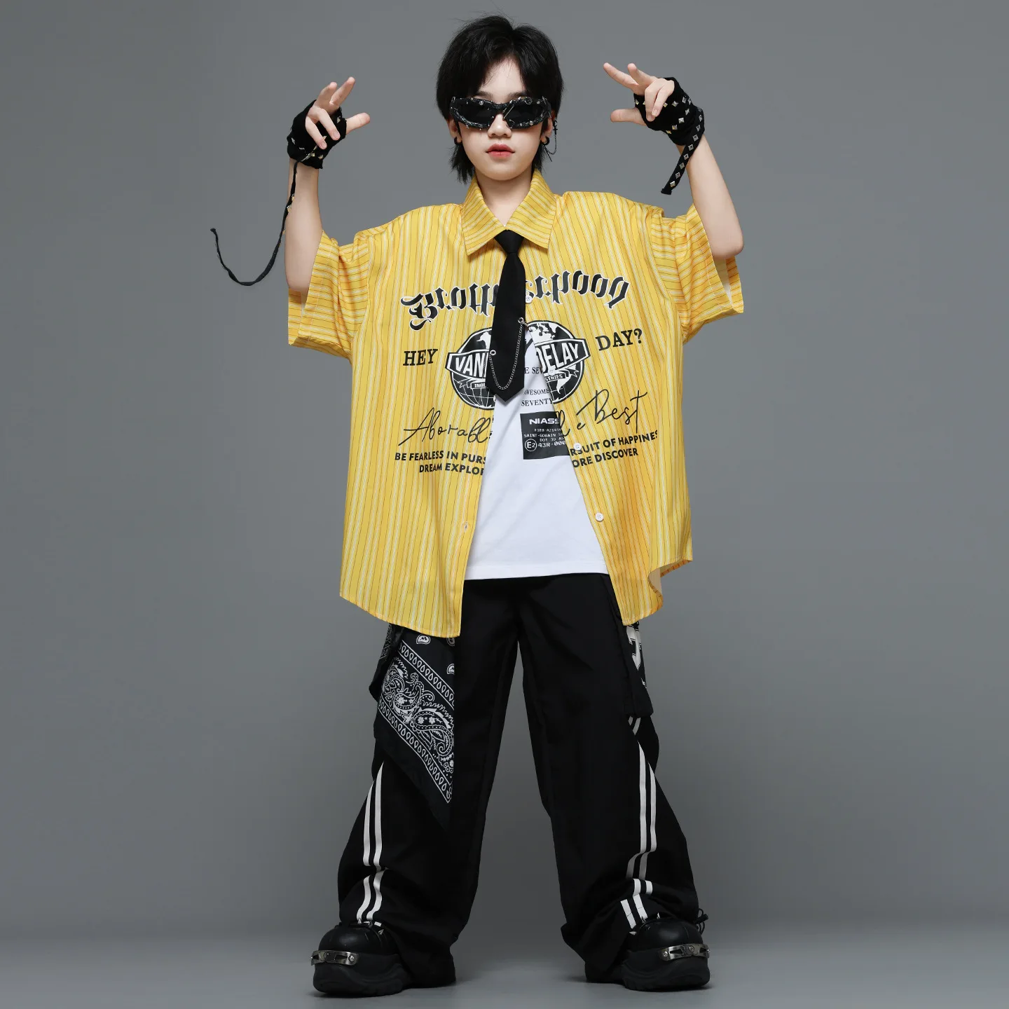 Kid Kpop Hip Hop Clothing Yellow Striped Short Sleeve Shirt Black Casual Cargo Pants for Girl Boy Street Dance Costumes Clothes
Kid Kpop Hip Hop Clothing Yellow Striped Short Sleeve Shirt Black Casual Cargo Pants for Girl Boy Street Dance Costumes Clothes