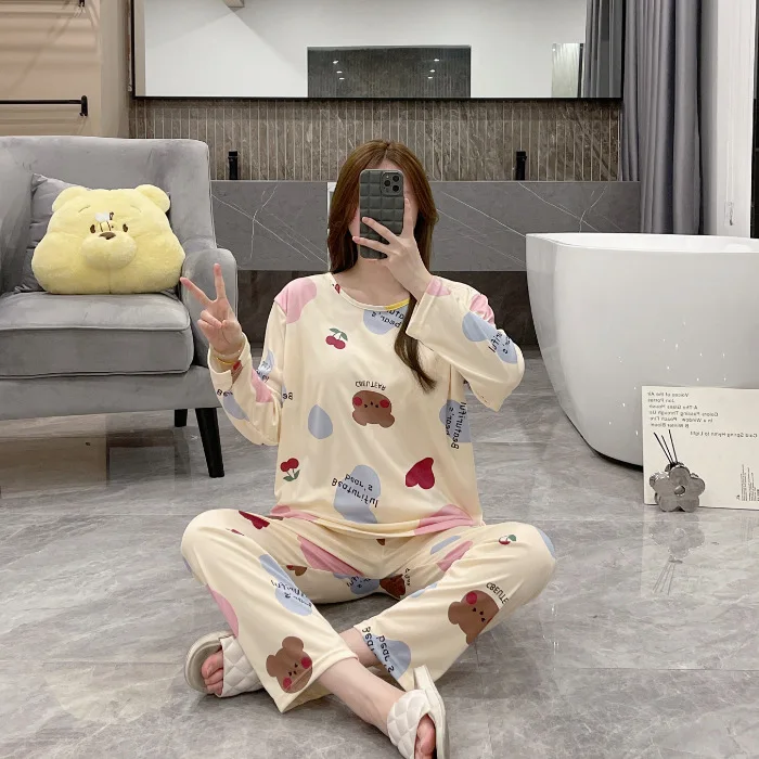 Spring Fall New Pajamas Women Sweet Cartoon Long Sleeve Pants Set Women Comfortable Pajamas Home Wear with Chest Pad Outside
Spring Fall New Pajamas Women Sweet Cartoon Long Sleeve Pants Set Women Comfortable Pajamas Home Wear with Chest Pad Outside