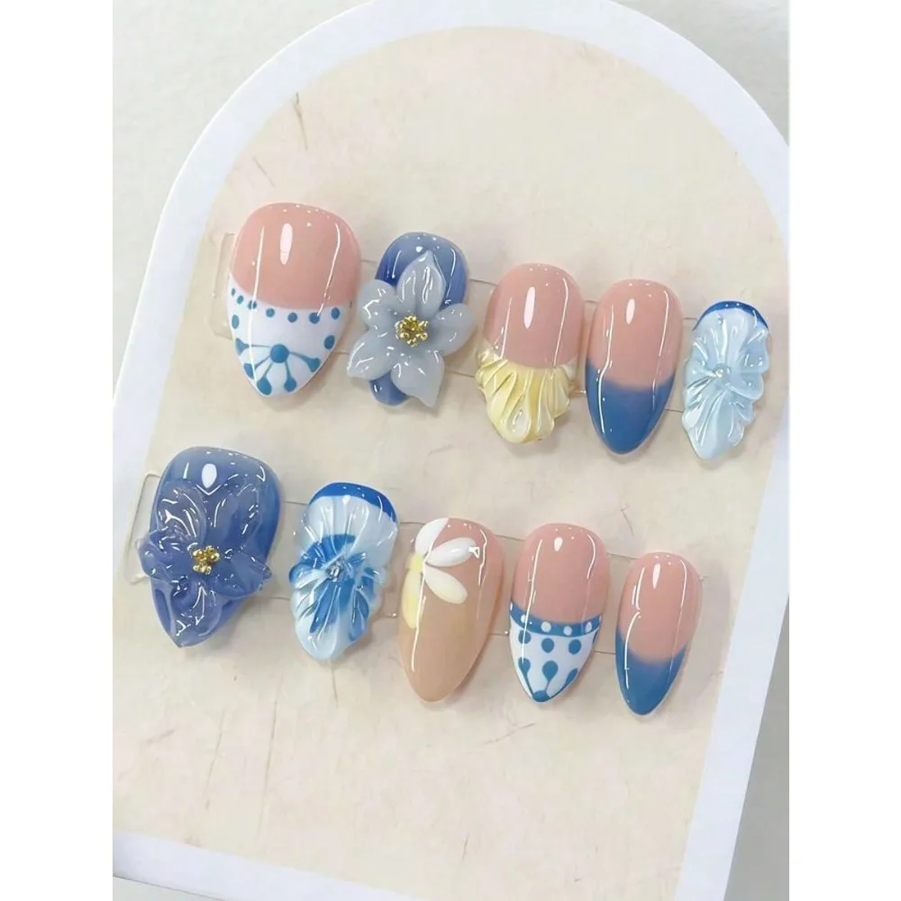 10pcs Minimalist Daily Versatile Ins French Sweet Fresh Elegant Handpainted Blue & White Polka Dot Line Floral 3D Embossed Pearl Five-Petal Shell Texture Short Square & Round Nail Stickers, Blue & Yellow Color, Art Manicure Short Press-On Nails
10pcs Minimalist Daily Versatile Ins French Sweet Fresh Elegant Handpainted Blue & White Polka Dot Line Floral 3D Embossed Pearl Five-Petal Shell Texture Short Square & Round Nail Stickers, Blue & Yellow Color, Art Manicure Short Press-On Nails