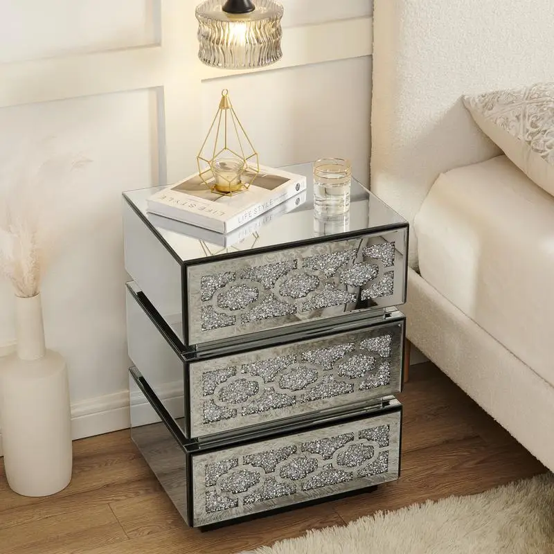 Mirrored Nightstand Side Table with 3 Drawers, Silver Accent End Table with Crushed Diamonds for Bedroom, Dorm Room, and Living
Mirrored Nightstand Side Table with 3 Drawers, Silver Accent End Table with Crushed Diamonds for Bedroom, Dorm Room, and Living