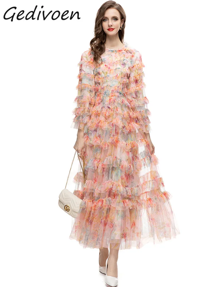 Gedivoen Summer Fashion Designer Vintage Floral Print Dress Women O-neck Long Sleeve Cascading Ruffle High Waist Mesh Long Dress
Gedivoen Summer Fashion Designer Vintage Floral Print Dress Women O-neck Long Sleeve Cascading Ruffle High Waist Mesh Long Dress