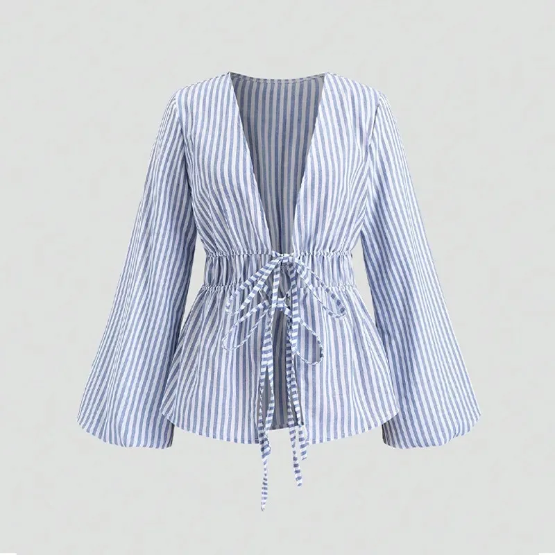 Women Blue White Striped Blouse V Neck Flare Long Sleeve Drawstring Waist Casual Summer Shirt Top
Women Blue White Striped Blouse V Neck Flare Long Sleeve Drawstring Waist Casual Summer Shirt Top
