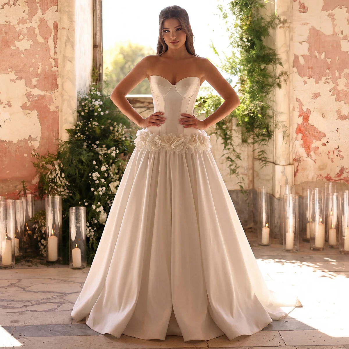 Simple Satin Flower Wedding Dress For Bride Sweetheart Bridal Party Gown With Train Pleated Ball Gown Long Vestidos Novia
Simple Satin Flower Wedding Dress For Bride Sweetheart Bridal Party Gown With Train Pleated Ball Gown Long Vestidos Novia