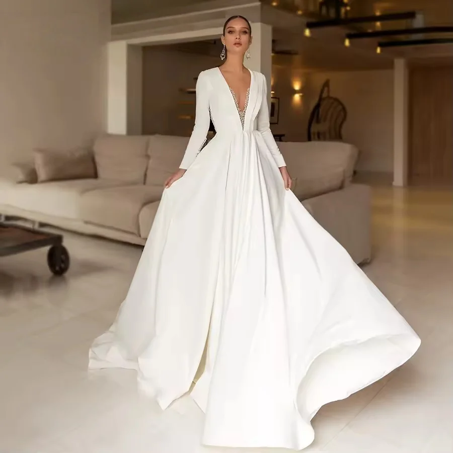 Backless Wedding Dresses A-line Long Sleeves Satin Beaded Bridal Gown Arabic Dubai Islamic Vestido De Noiva Customized
Backless Wedding Dresses A-line Long Sleeves Satin Beaded Bridal Gown Arabic Dubai Islamic Vestido De Noiva Customized