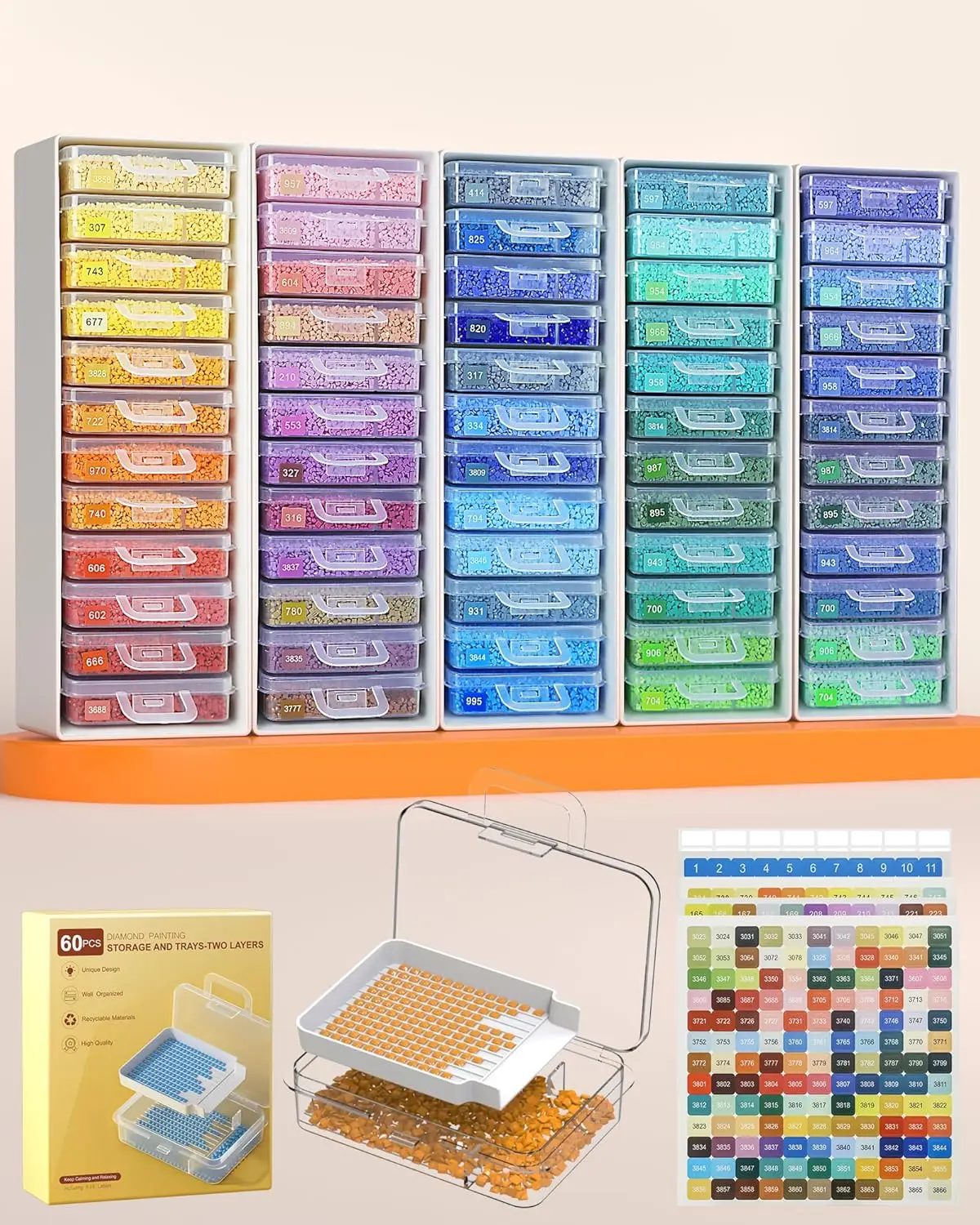 60pcs 2-Layer Diamond Painting Storage Trays with Lids, 3-in-1 Organizer for Drills & Beads, Adjustable Rack Included
60pcs 2-Layer Diamond Painting Storage Trays with Lids, 3-in-1 Organizer for Drills & Beads, Adjustable Rack Included
