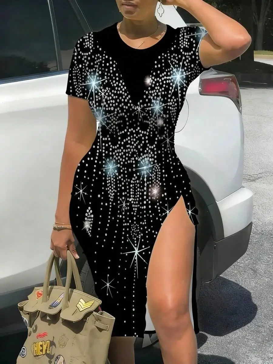 Womens Black Bodycon Dress With Sparkling Star Print And Side Slit
Womens Black Bodycon Dress With Sparkling Star Print And Side Slit