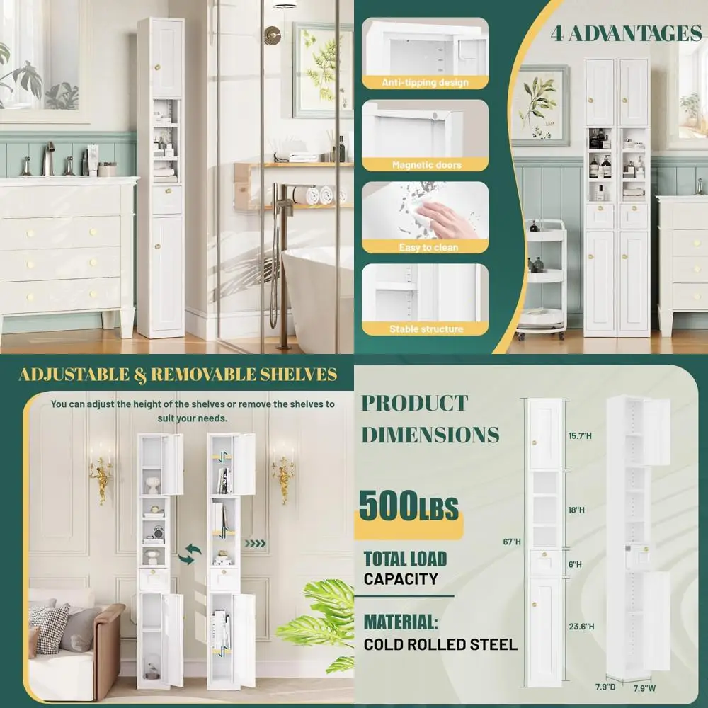 67" tall slim bathroom cabinet with 2 doors and adjustable shelf drawer
67" tall slim bathroom cabinet with 2 doors and adjustable shelf drawer