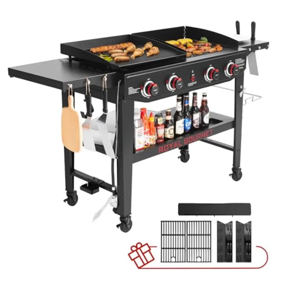Outdoor cooking propane grill and griddle combo with 4 burners, black steel construction, foldable side tables, includes grilli
Outdoor cooking propane grill and griddle combo with 4 burners, black steel construction, foldable side tables, includes grilli