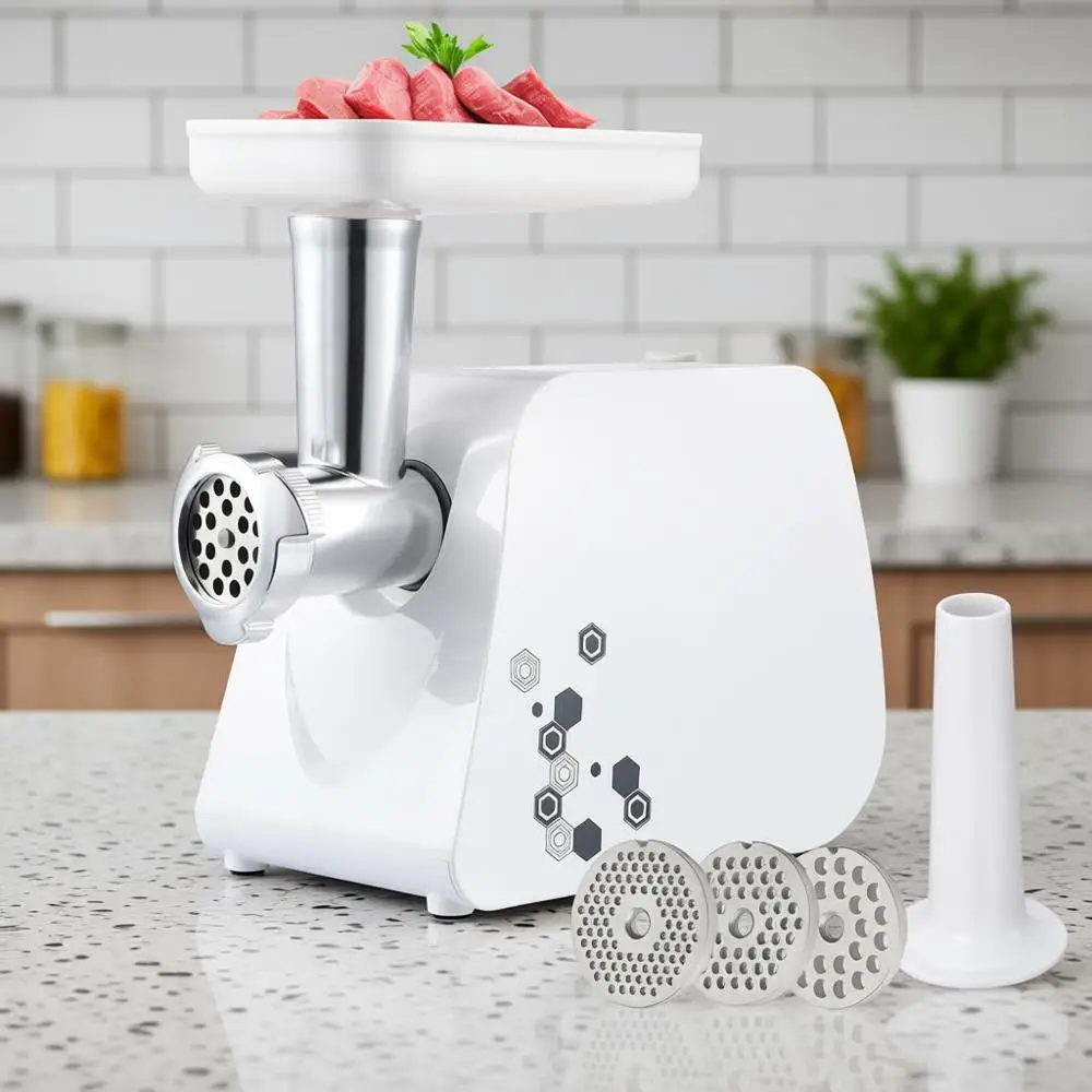 Электрическая мясорубка и аппарат для приготовления колбас - 1 л.с., 1000 Вт (макс.) - Ножи из нержавеющей стали и 3 молотковые пластины, 1 большая насадка для колбас
Электрическая мясорубка и аппарат для приготовления колбас - 1 л.с., 1000 Вт (макс.) - Ножи из нержавеющей стали и 3 молотковые пластины, 1 большая насадка для колбас