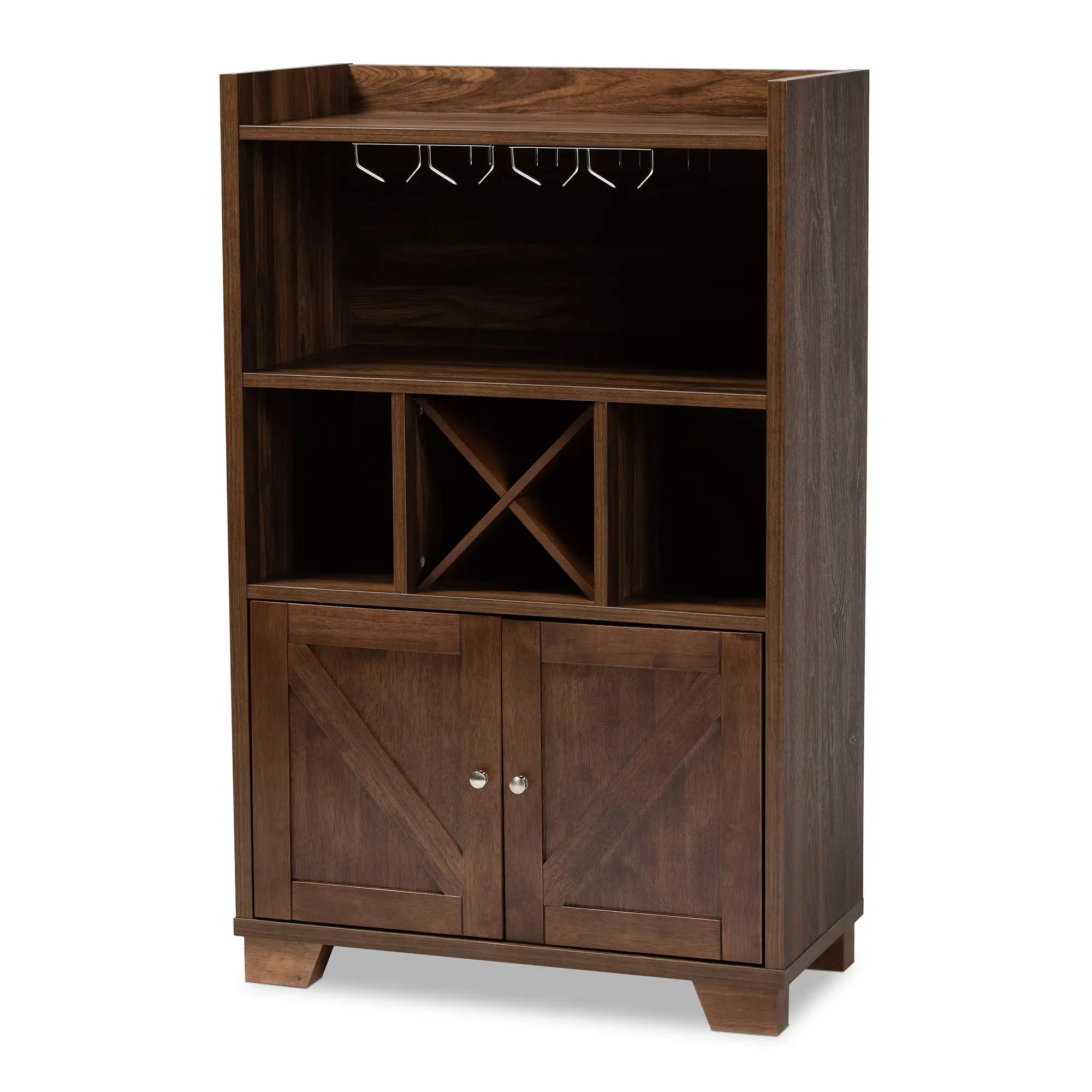Walnut Finish Wine Storage Cabinet With Hanging Rack And X-Design Doors
Walnut Finish Wine Storage Cabinet With Hanging Rack And X-Design Doors
