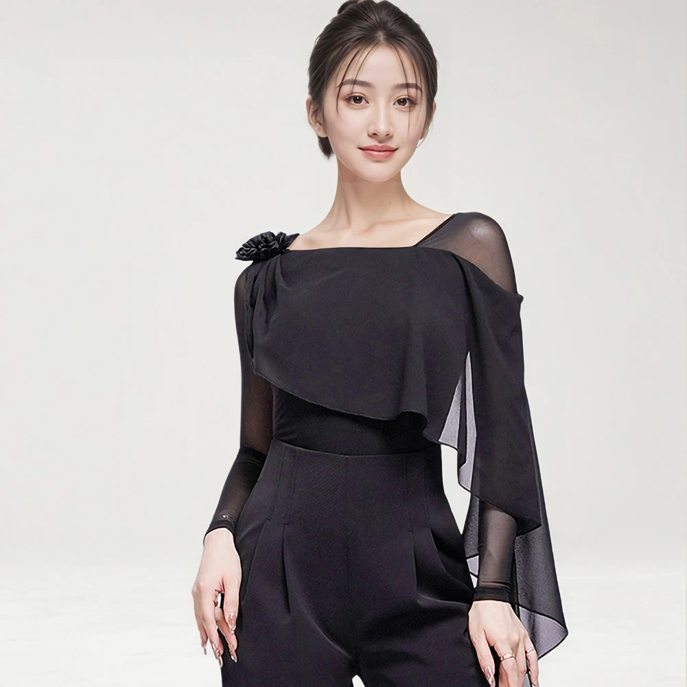 Latin Line Dance Top Oblique Neckline Long Sleeve Ball Samba Gauze Short Sleeve Stitching Black Top Dance Practice Elegant
Latin Line Dance Top Oblique Neckline Long Sleeve Ball Samba Gauze Short Sleeve Stitching Black Top Dance Practice Elegant
