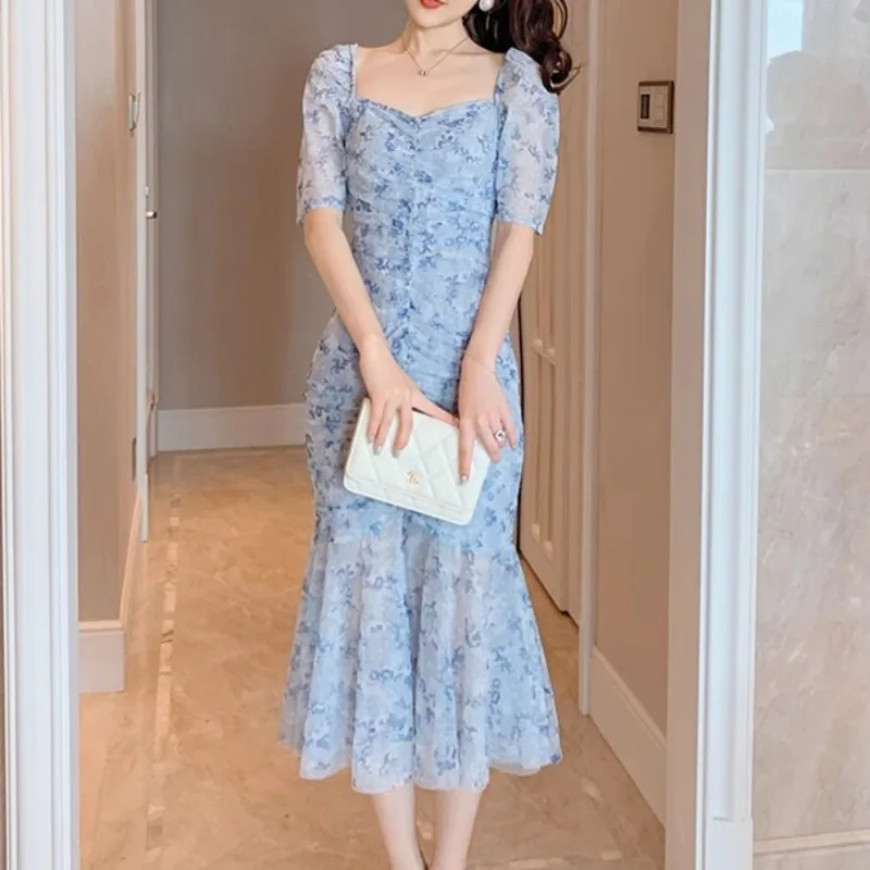 Blue Printed Shirring Mesh Dress Women Square Collar Puff Sleeve Clothing Lady Streetwear Chic Elegant Vestidos Bodycon Runway
Blue Printed Shirring Mesh Dress Women Square Collar Puff Sleeve Clothing Lady Streetwear Chic Elegant Vestidos Bodycon Runway
