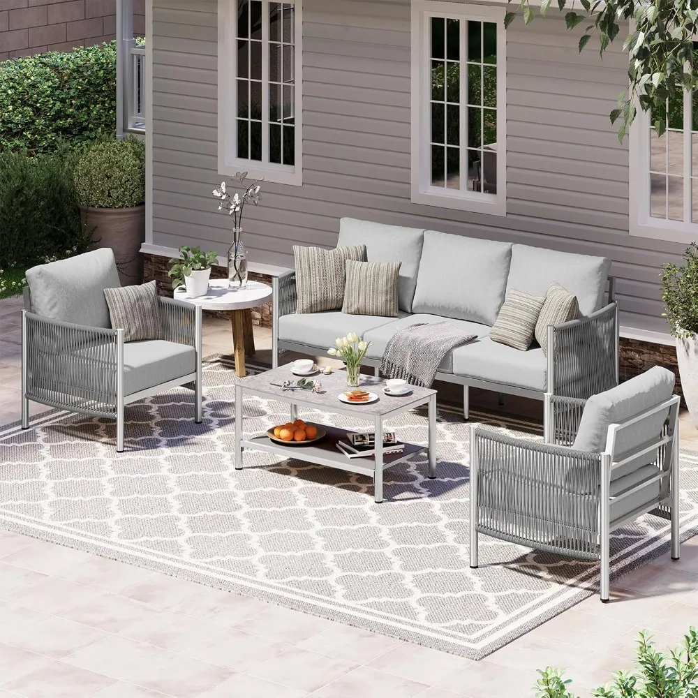 Aluminum Outdoor Patio Furniture Set, HDPE Rope 4 Piece Sectional Conversation Sets w/Dual-Layer Coffee Table,w/Thick Cushions
Aluminum Outdoor Patio Furniture Set, HDPE Rope 4 Piece Sectional Conversation Sets w/Dual-Layer Coffee Table,w/Thick Cushions