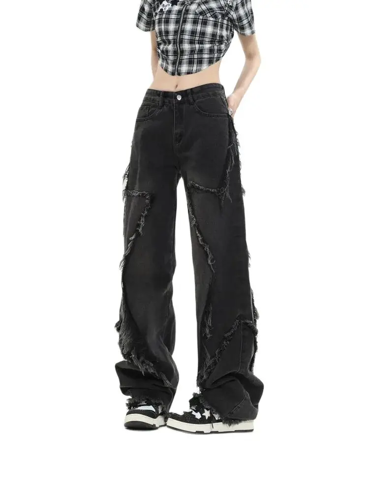 Black Solid Cut Out Denim Trousers For Women High Waist Star Y2K Patchwork Belt Streetwear Casual Loose Straight Pants Female
Black Solid Cut Out Denim Trousers For Women High Waist Star Y2K Patchwork Belt Streetwear Casual Loose Straight Pants Female