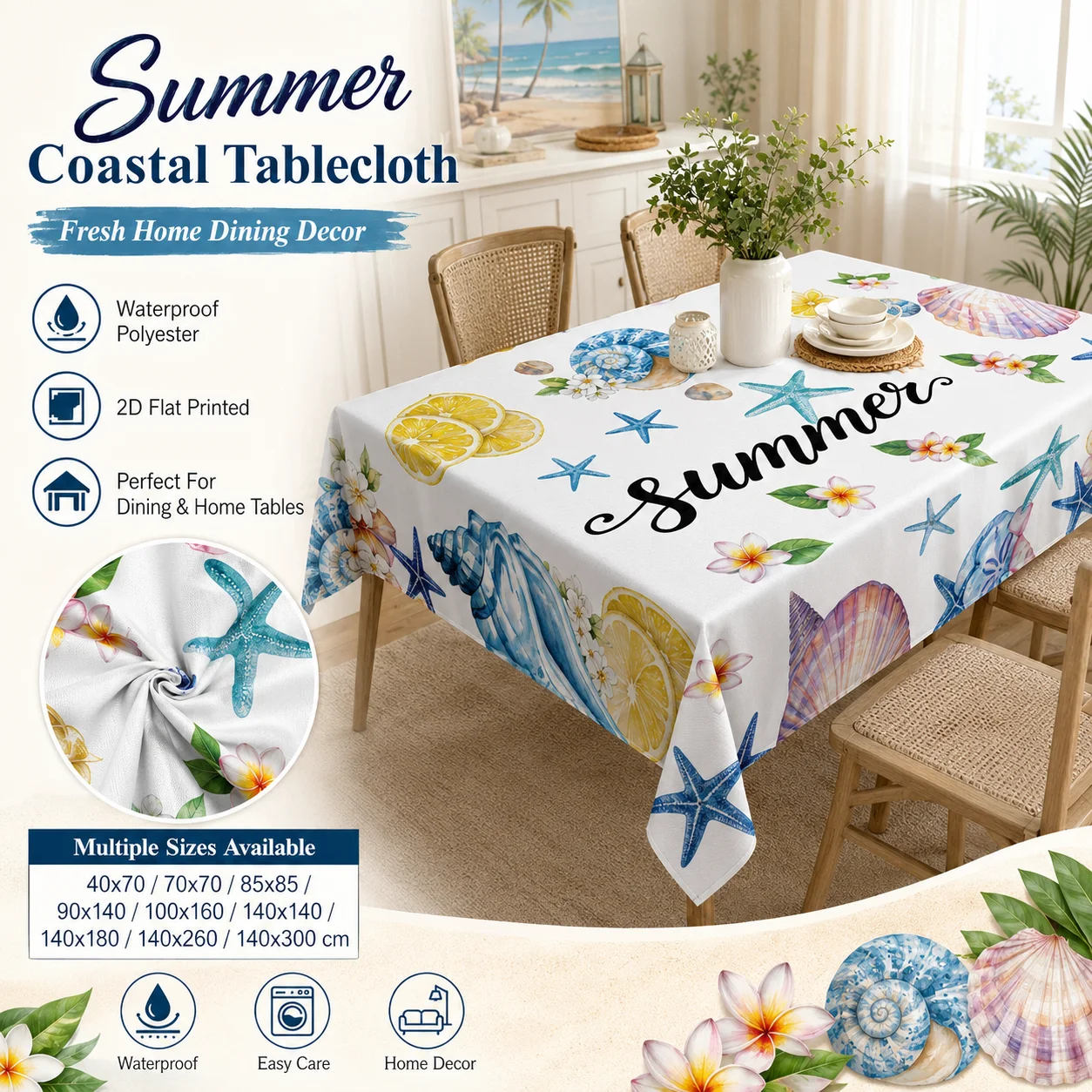 Summer Coastal Shell Starfish Tablecloth 2D Flat Printed Waterproof Polyester Table Cover For Home Dining Room Beach Party Decor
Summer Coastal Shell Starfish Tablecloth 2D Flat Printed Waterproof Polyester Table Cover For Home Dining Room Beach Party Decor