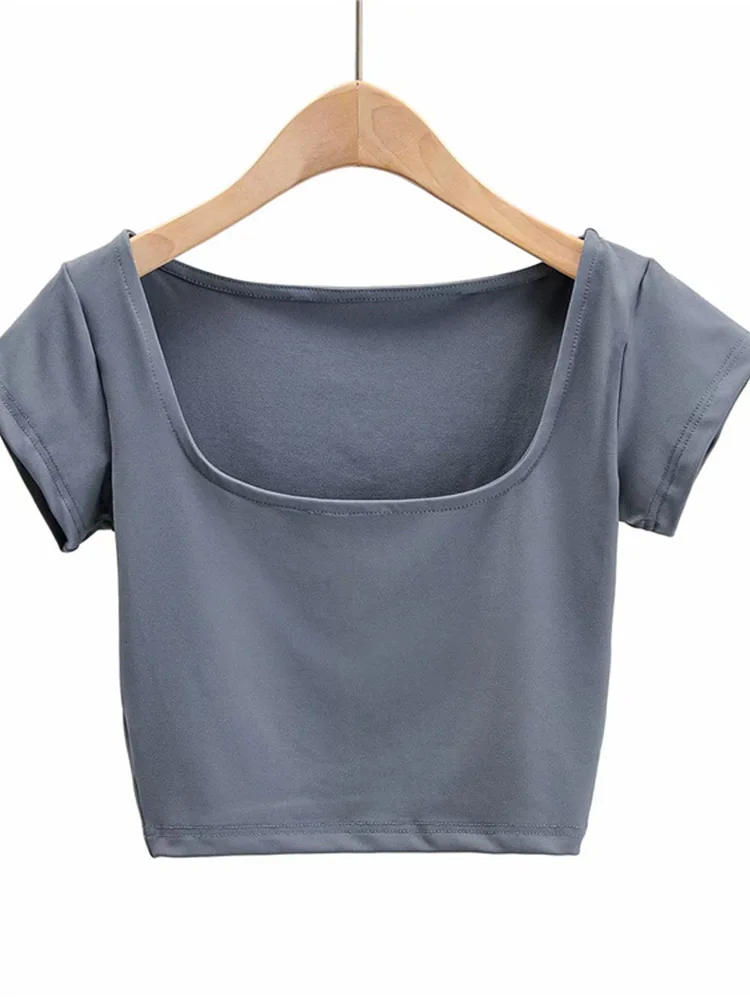 Summer women's casual T-shirt with small cap sleeves, square collar and exposed navel T-shirt
Summer women's casual T-shirt with small cap sleeves, square collar and exposed navel T-shirt