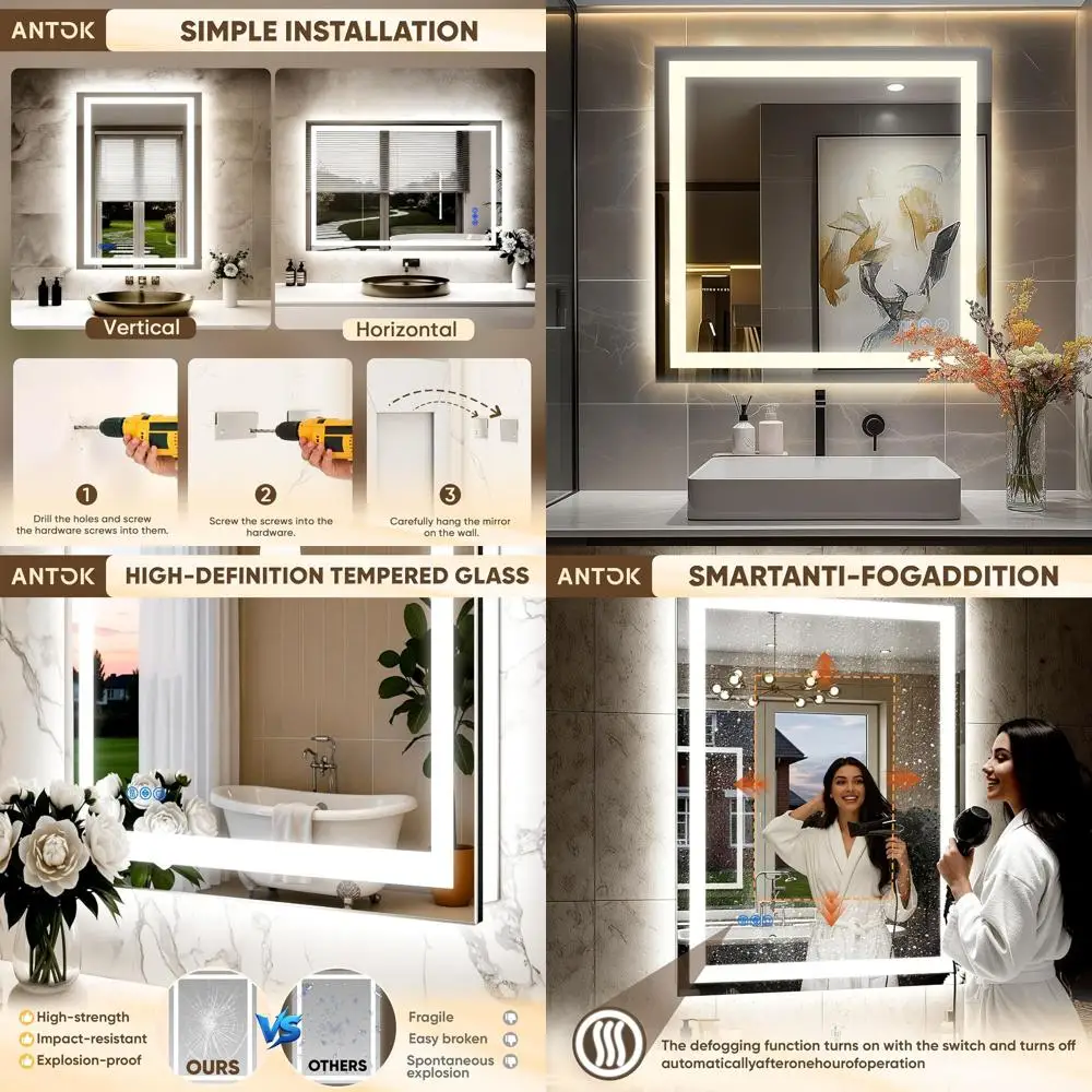 36 LED-lit Tempered Glass Vanity Mirror with Anti-Fog, Dimmable Lights, 3 Settings, Wall-Mounted for Bathroom Use
36 LED-lit Tempered Glass Vanity Mirror with Anti-Fog, Dimmable Lights, 3 Settings, Wall-Mounted for Bathroom Use