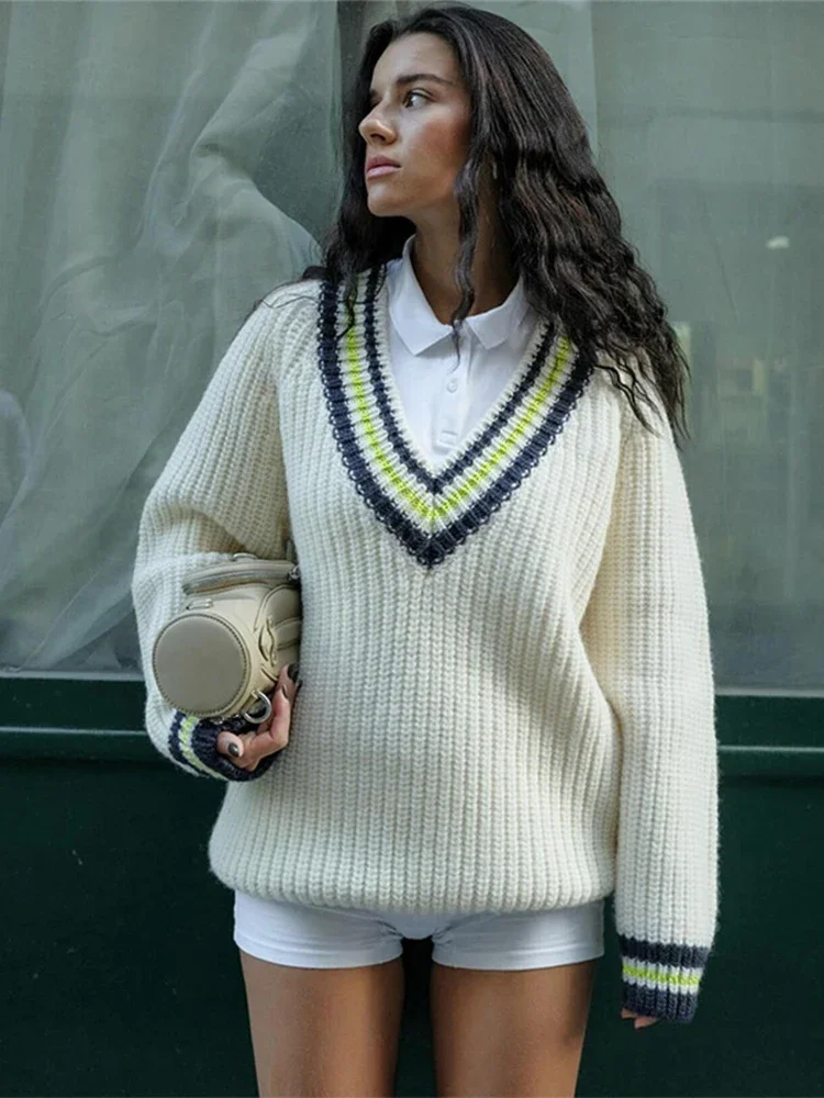 Trendix Loose V Neck Knit Pullover Female Fashion Stripe Contrast Color Sweaters Winter Street Casual Long Sleeve Knitwear Coats
Trendix Loose V Neck Knit Pullover Female Fashion Stripe Contrast Color Sweaters Winter Street Casual Long Sleeve Knitwear Coats
