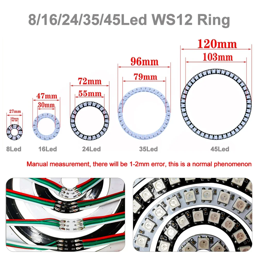 WS2812B LED Ring Kit with 17-Key Music RF Controller Addressable RGB round Module - 8/16/24/35/45/60/93 Pixels DC5V