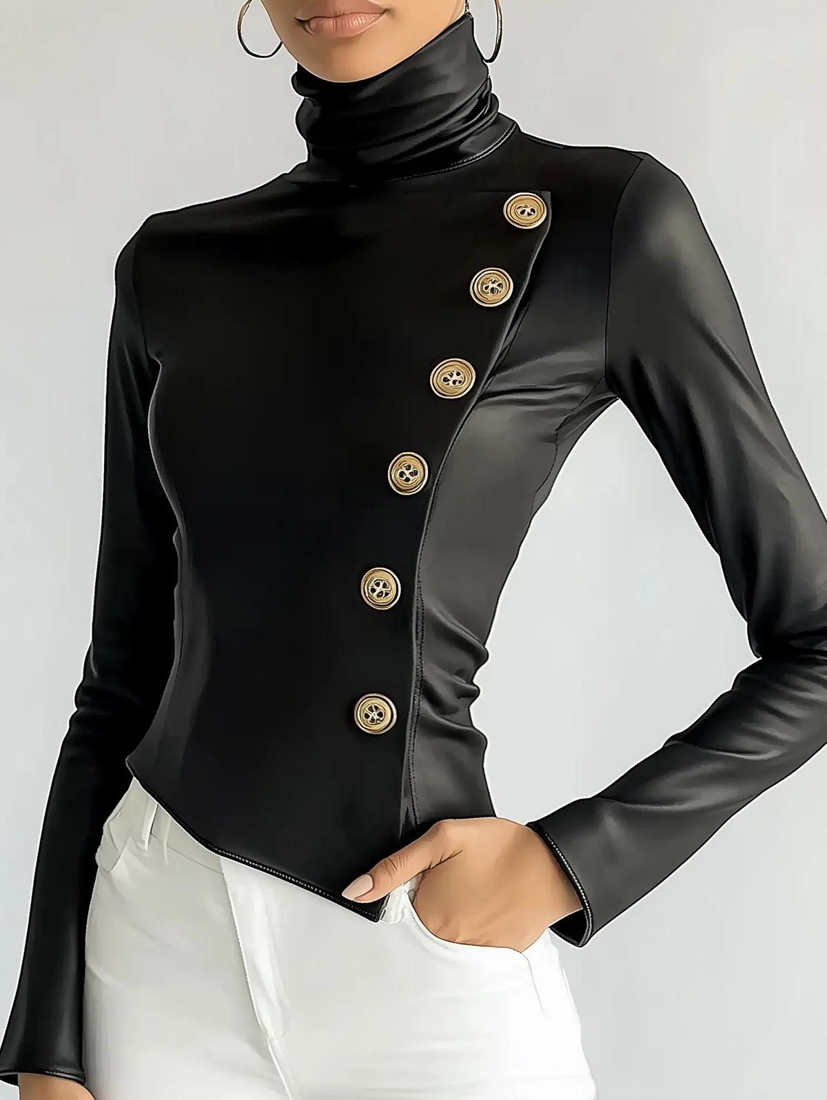 Women High Neck PU Leather Long Sleeve Blouse Cinched Hem Solid Slant Buttons Leather T Shirt High Street Streetwear
Women High Neck PU Leather Long Sleeve Blouse Cinched Hem Solid Slant Buttons Leather T Shirt High Street Streetwear