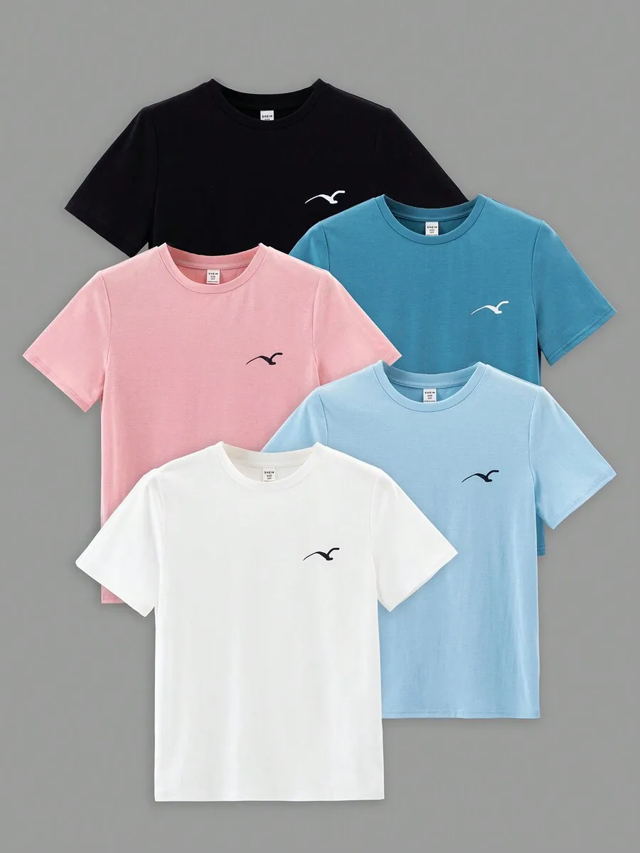 5-Pack Loose Fit Round Neck Short Sleeve T-Shirts for Kids, Solid Colors with Bird Silhouette Print
5-Pack Loose Fit Round Neck Short Sleeve T-Shirts for Kids, Solid Colors with Bird Silhouette Print